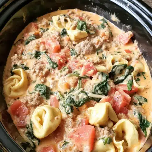 Delicious slow cooker creamy sausage tortellini with cheese and spinach.