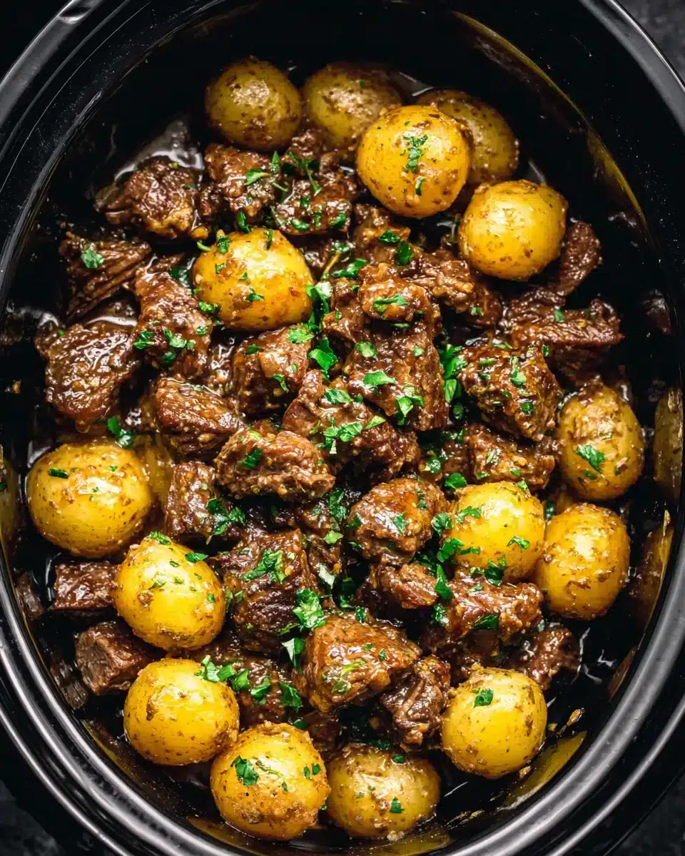 Delicious slow cooker garlic butter beef bites with potatoes.