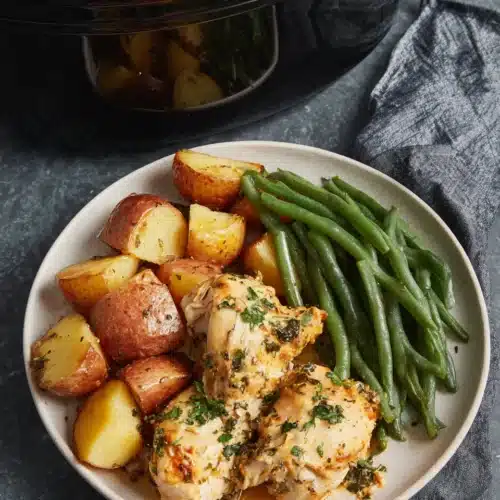 Delicious slow cooker parmesan garlic chicken and potatoes recipe.