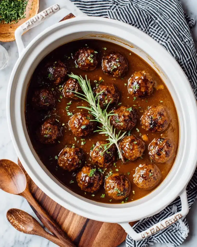 Delicious slow cooker salisbury steak meatballs in creamy gravy.