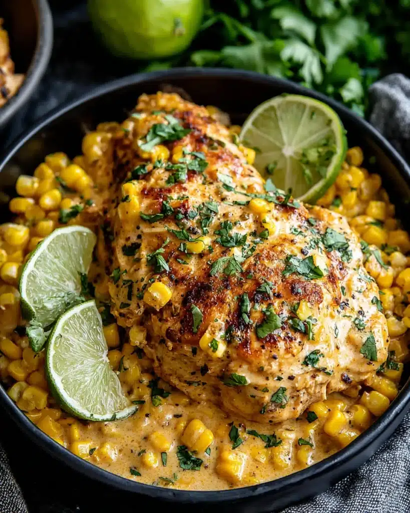 Creamy slow cooker street corn chicken garnished with cilantro.