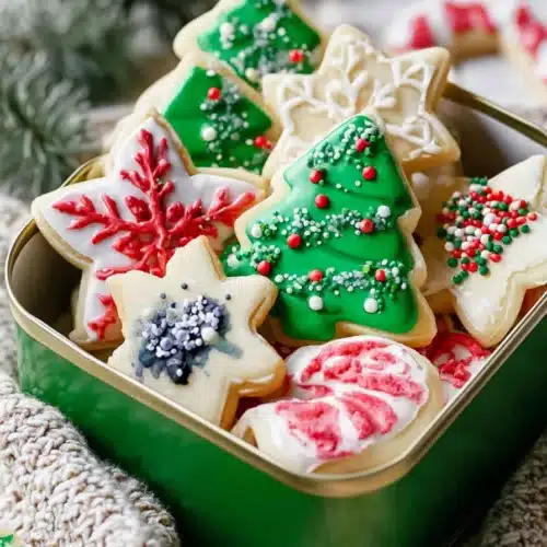 soft cut out sugar cookies decorated with icing in a holiday tin