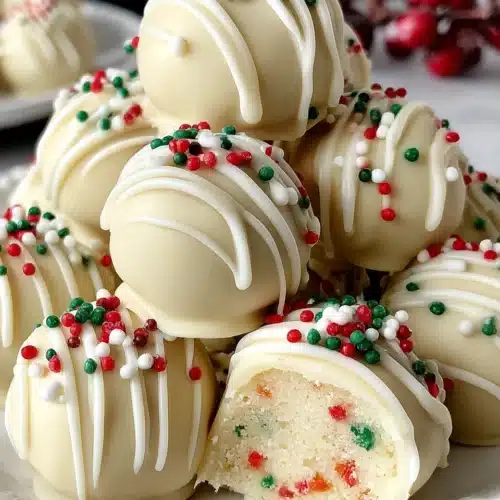 Delicious Sugar Cookie Truffles with red and green sprinkles.