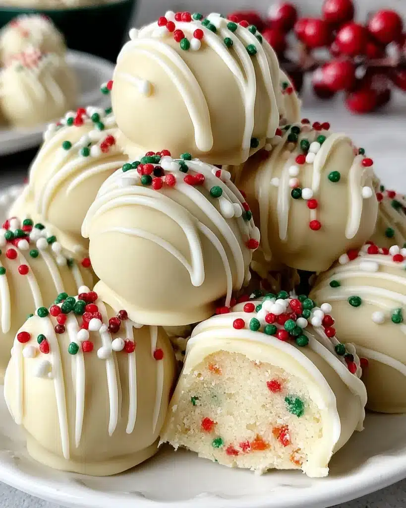 Delicious Sugar Cookie Truffles with red and green sprinkles.