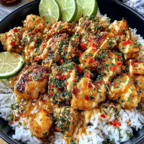 Sweet chili chicken bowl with coconut, lime, and herbs.