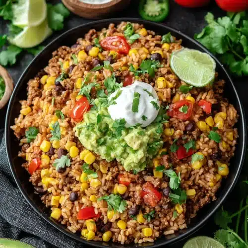 Taco rice bowl filled with savory ingredients and fresh toppings.