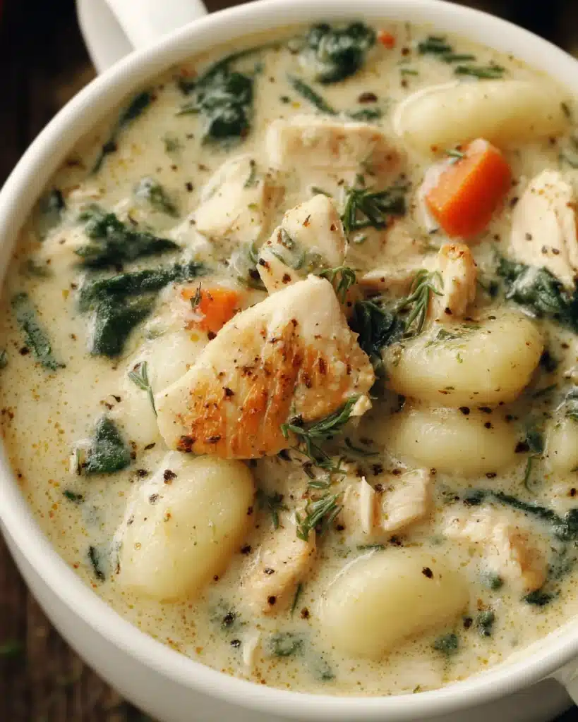 Tasty rotisserie chicken gnocchi soup with spinach, a warm delight.
