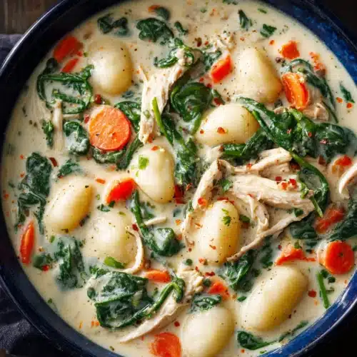 Tasty rotisserie chicken gnocchi soup with fresh spinach and carrots