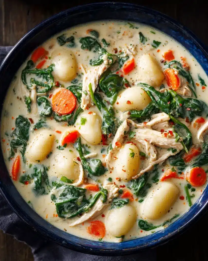 Tasty rotisserie chicken gnocchi soup with fresh spinach and carrots