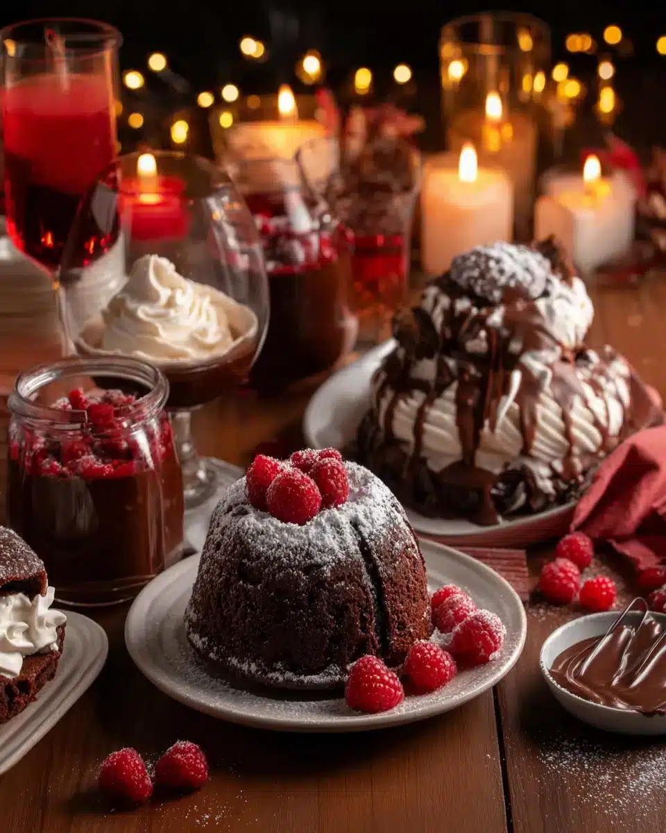 Delicious Valentine desserts showcasing chocolate lava cakes and raspberries.