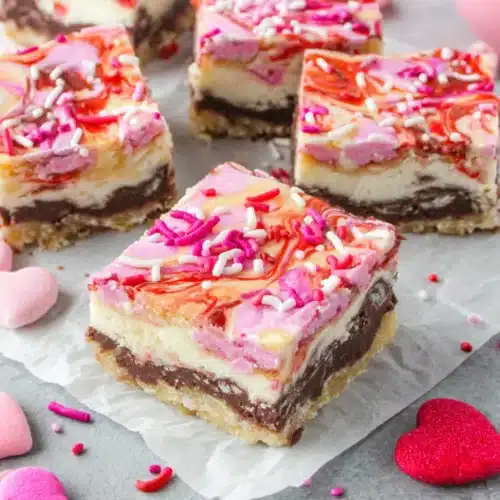 Delicious Valentine Millionaire Bars with colorful swirls and sprinkles.