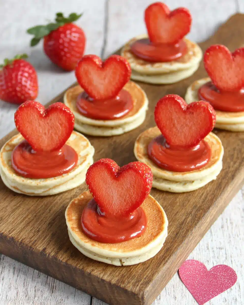 Valentine’s Day Finger Foods: heart-shaped mini pancakes and strawberries.