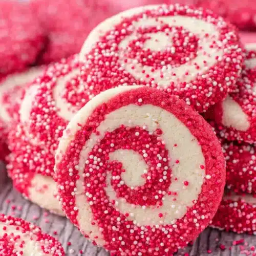 Delicious Valentine’s Day Swirl Cookies with colorful sprinkles.