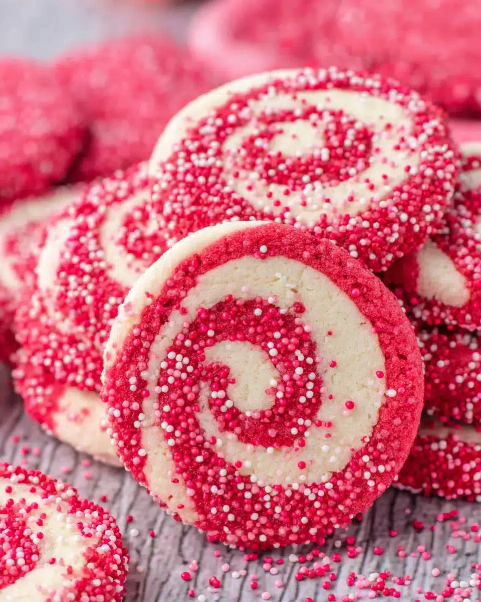 Delicious Valentine’s Day Swirl Cookies with colorful sprinkles.