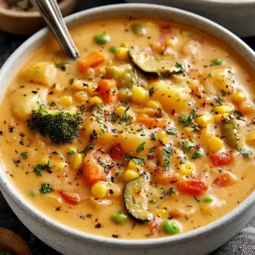 Veggie pot pie soup comfort in a bowl without the crust, hearty and creamy.