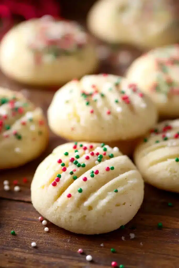 whipped shortbread cookies with sprinkles and fork marks