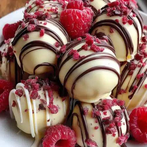 Delicious White Chocolate Raspberry Cheesecake Balls with chocolate drizzle.