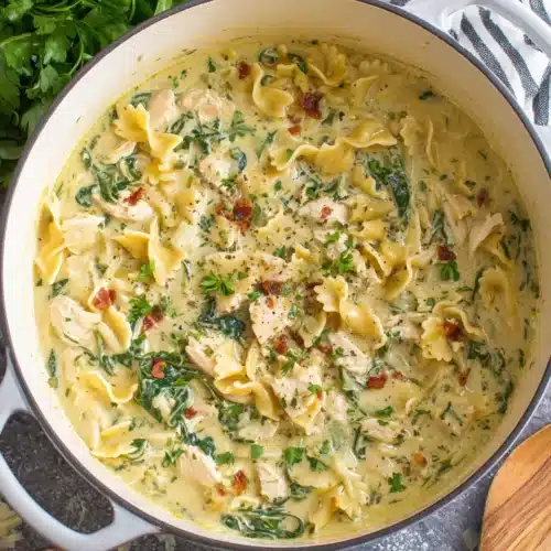 Delicious white lasagna soup with chicken and spinach.