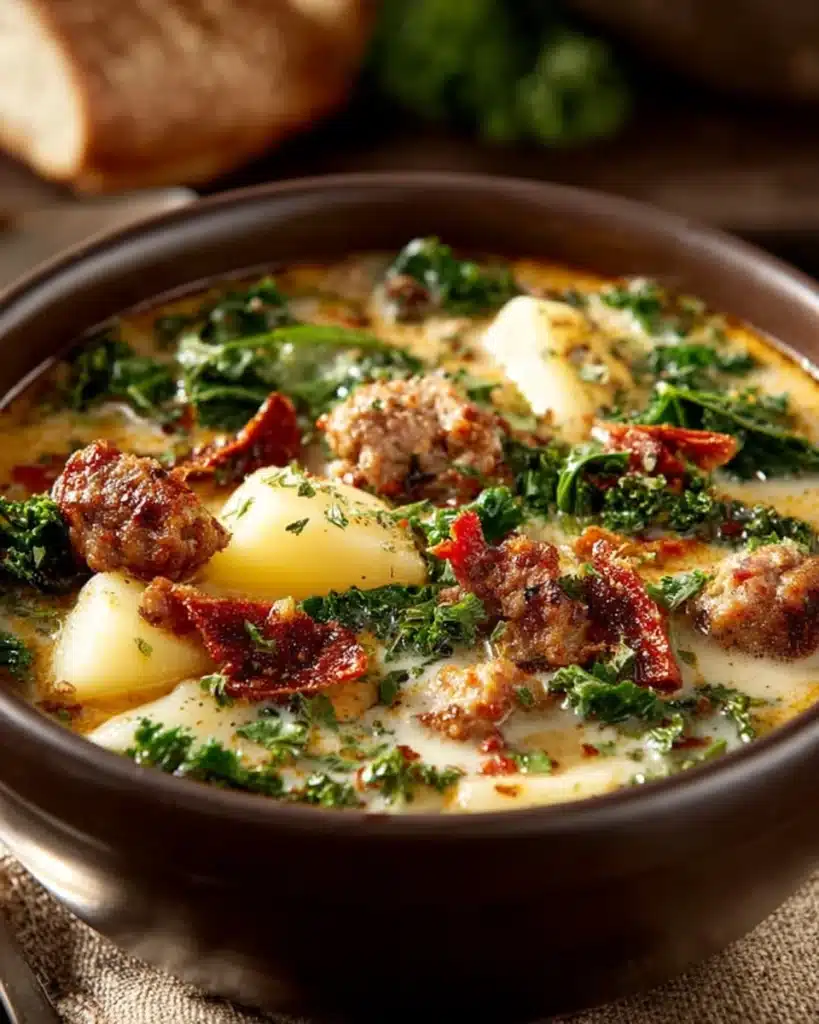 Delicious Zuppa Toscana with sausage, kale, and creamy broth.