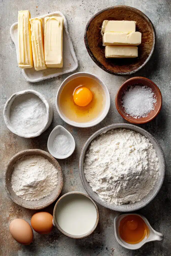 Essential baking ingredients arranged on a rustic surface, including butter sticks, eggs, flour, salt, milk, and a cracked egg yolk.