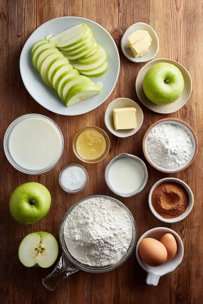 Ingredients for an apple dessert featuring Granny Smith apple slices, butter, sugar, eggs, milk, flour, cinnamon, salt, and baking powder, arranged on a wooden table.