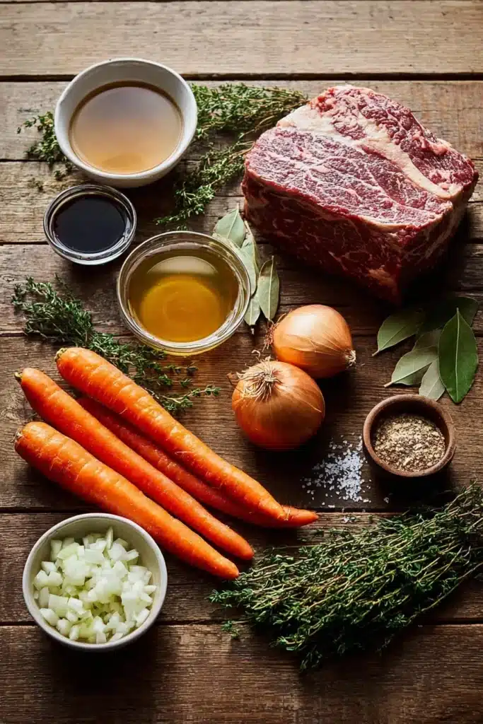 Ingredients for a beef roast including carrots, onions, garlic, thyme, and broth laid out on a wooden table.