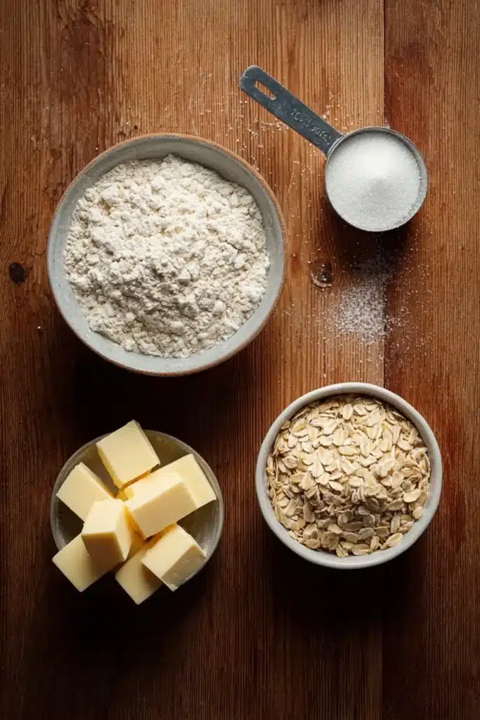 Ingredients for oatmeal cookies, including butter, rolled oats, sugar, and flour, arranged in bowls on a wooden table, ready for baking.
