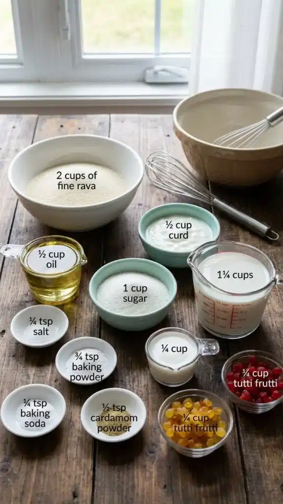 The main ingredients for rava cake include