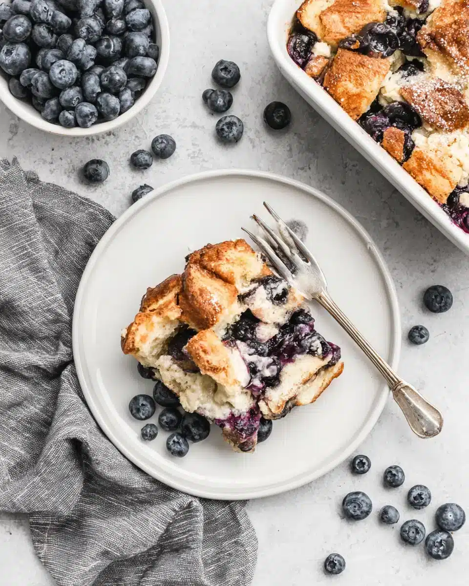 Blueberry French Toast casserole ready to serve for Easter brunch.