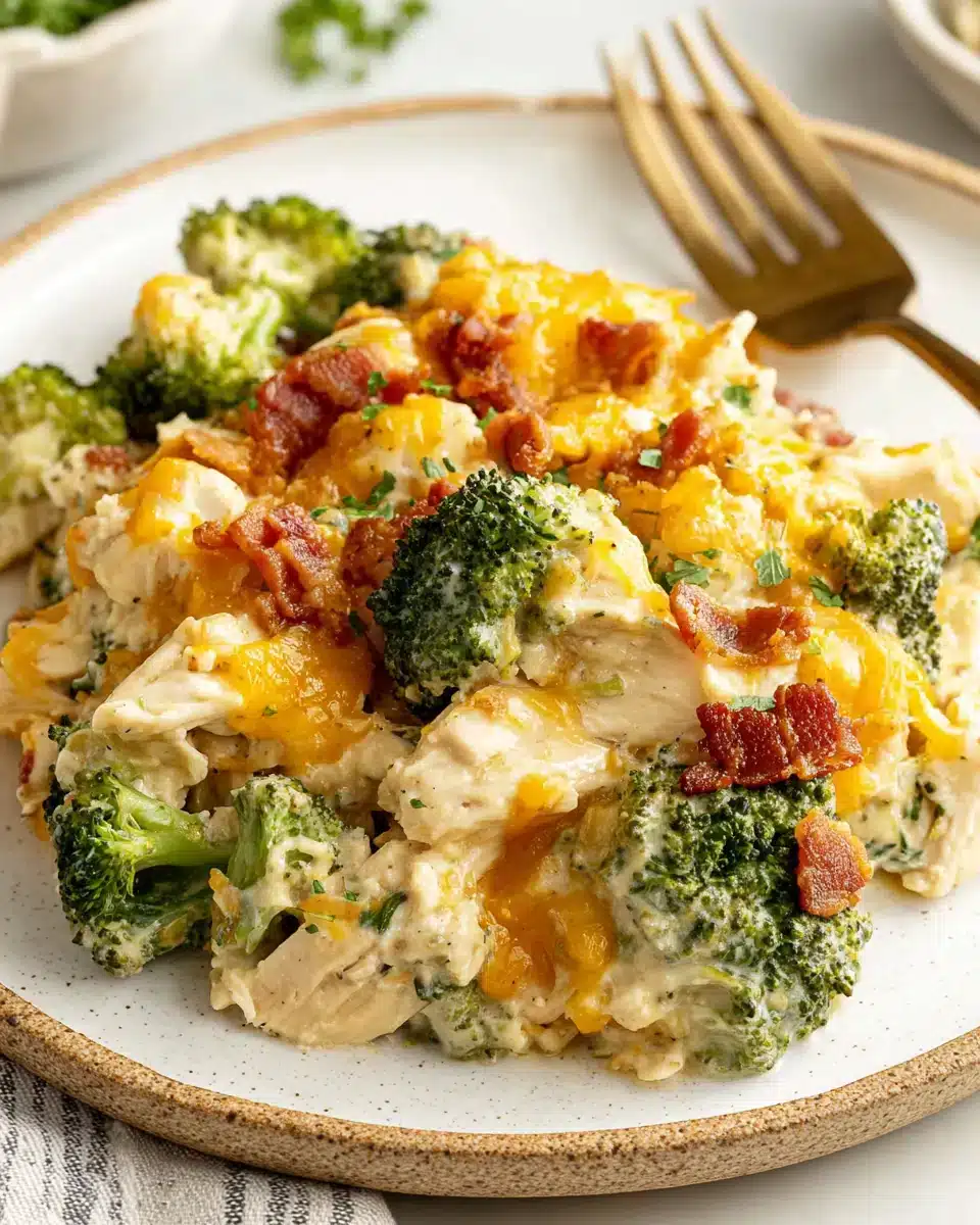 Delicious carb chicken casserole with broccoli, bacon, and cheese.