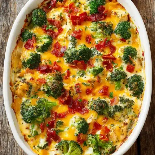 A comforting Carb Chicken Casserole with broccoli, chicken, and cheese.