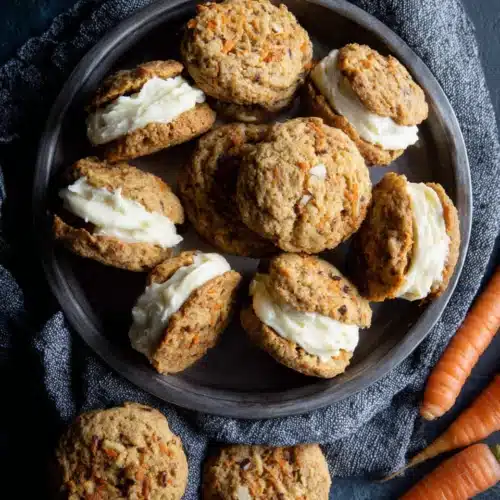 Delicious carrot cake cookies recipe with cream cheese frosting.