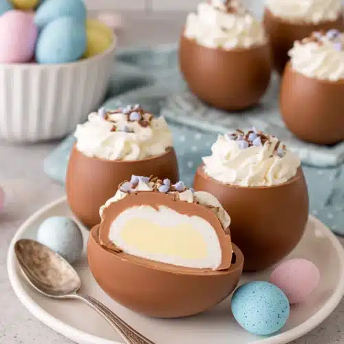 Delicious chocolate mousse filled Easter eggs perfect for Easter festivities.