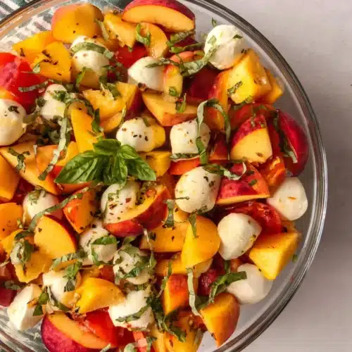 Chopped Peach Caprese Salad highlights juicy peaches and mozzarella.