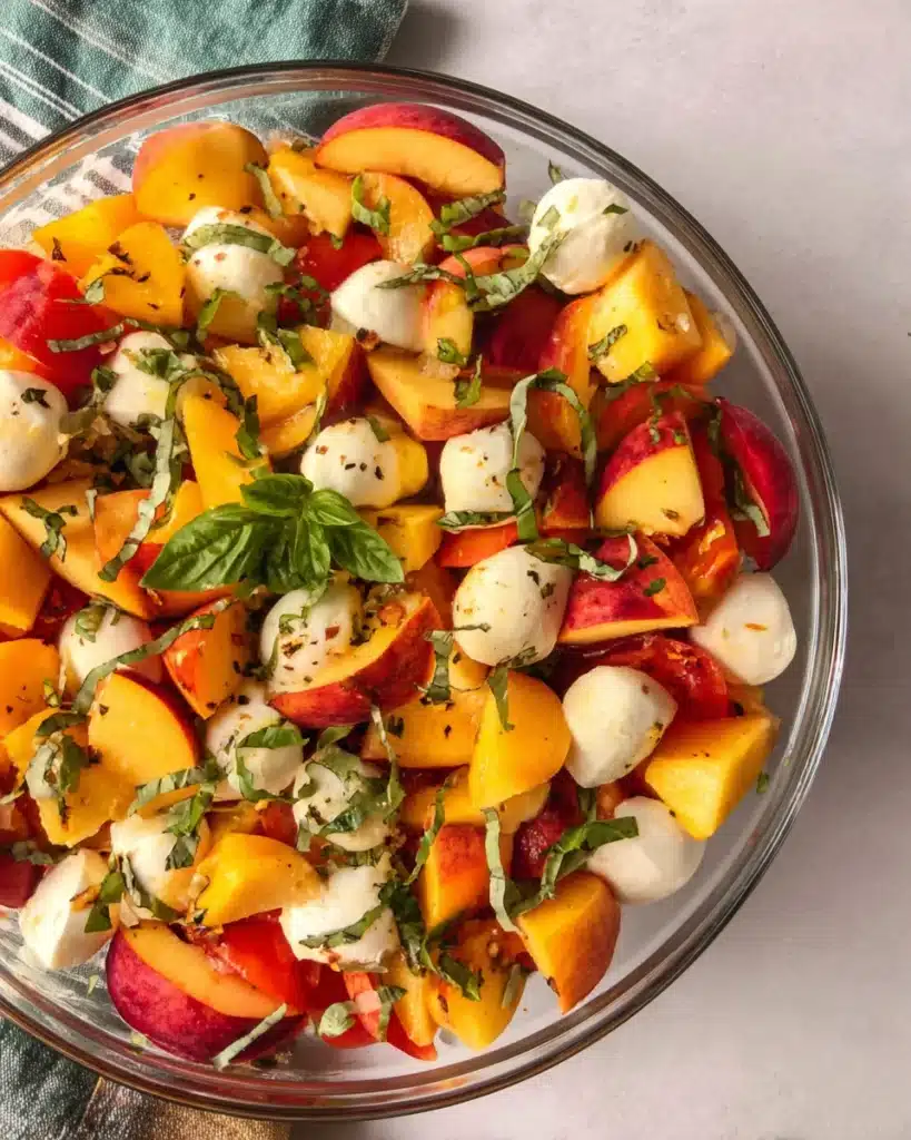 Chopped Peach Caprese Salad highlights juicy peaches and mozzarella.