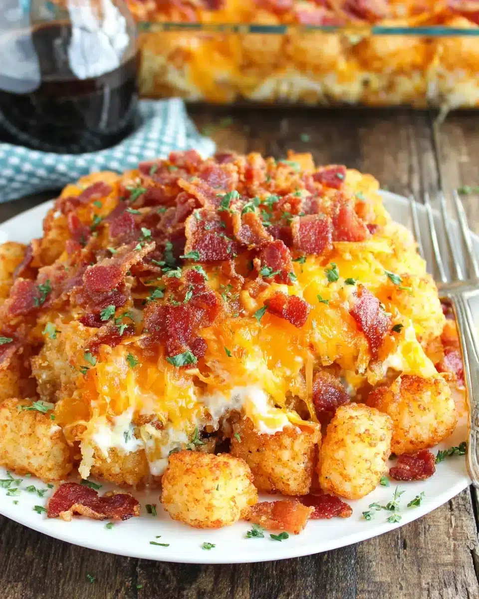 Delicious Cracked Out Tater Tot casserole with bacon and cheese.