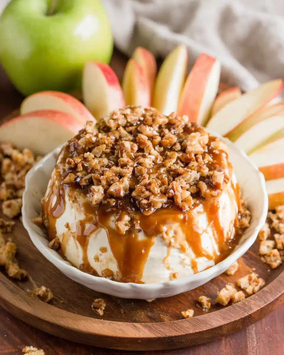 Delicious Cream Cheese Caramel Apple dip with fresh apple slices.