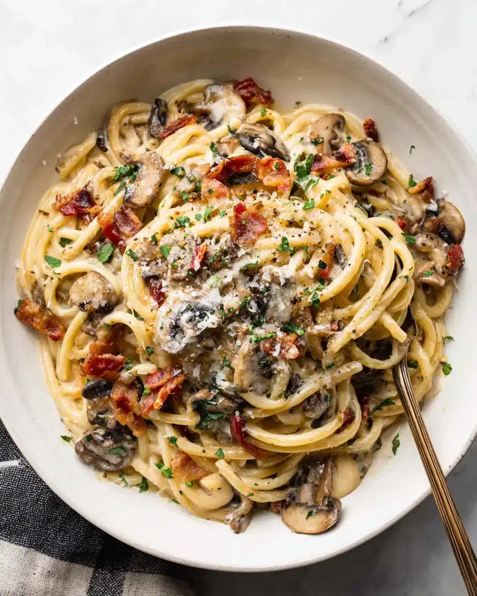 Delicious creamy bacon pasta, rich flavors and textures.