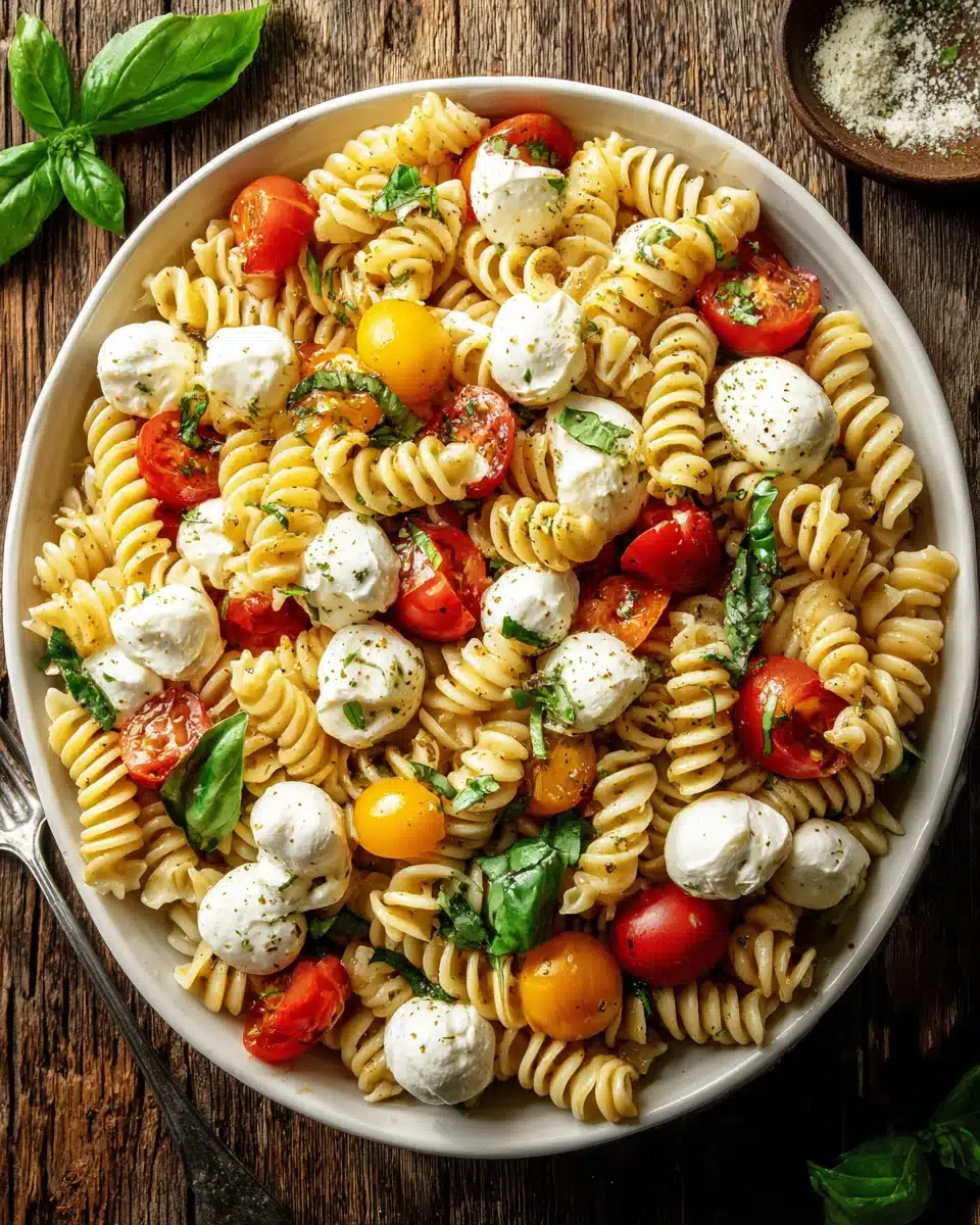 Delicious Creamy Caprese Pasta Salad with fresh ingredients.