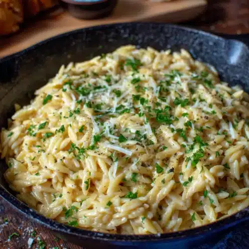 Delicious Creamy Garlic Parmesan Orzo in a skillet with herbs.