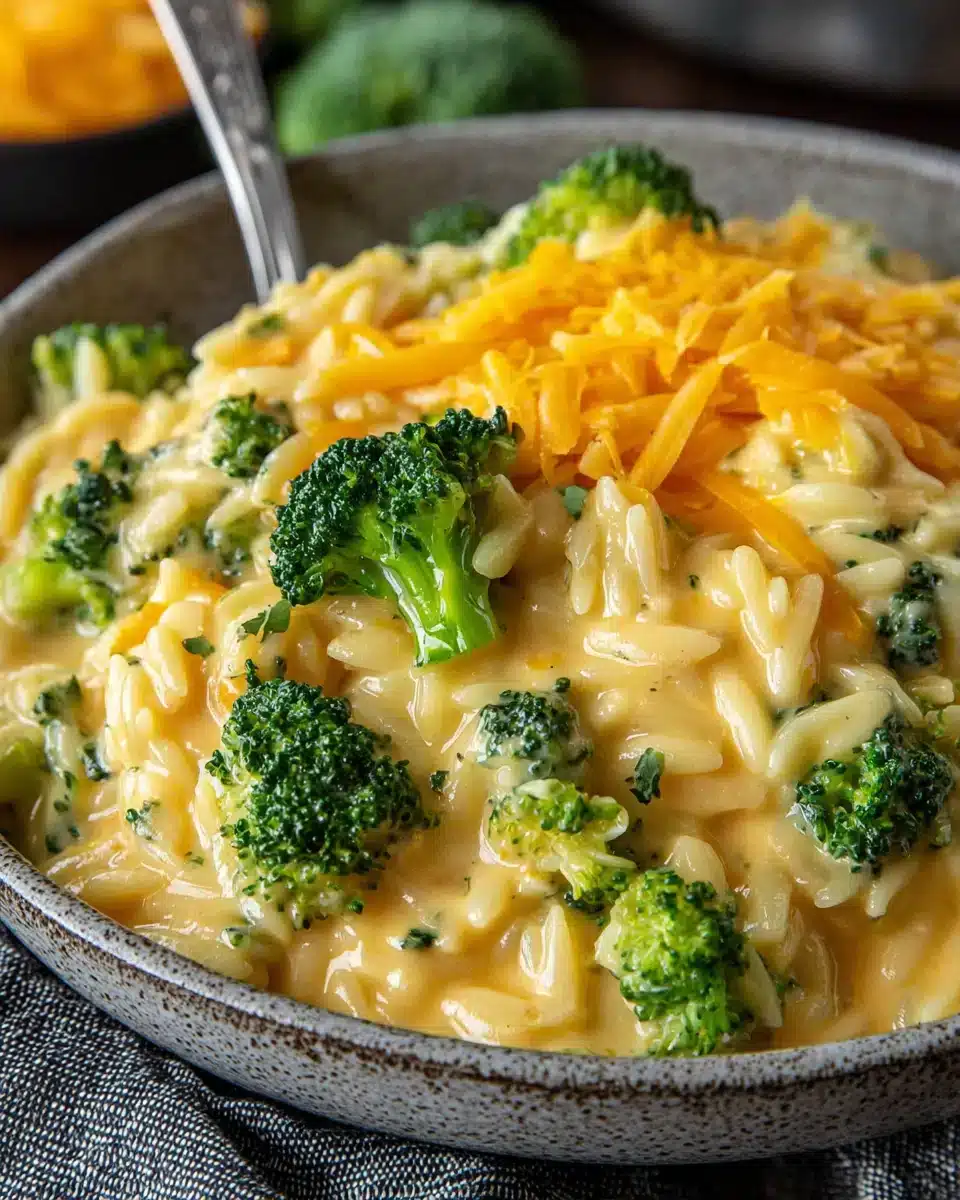 Creamy One Pot Broccoli Cheddar Orzo with tender orzo and vibrant broccoli.