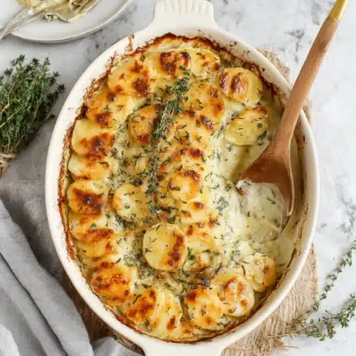 Creamy Scalloped Potatoes ready for Easter brunch.