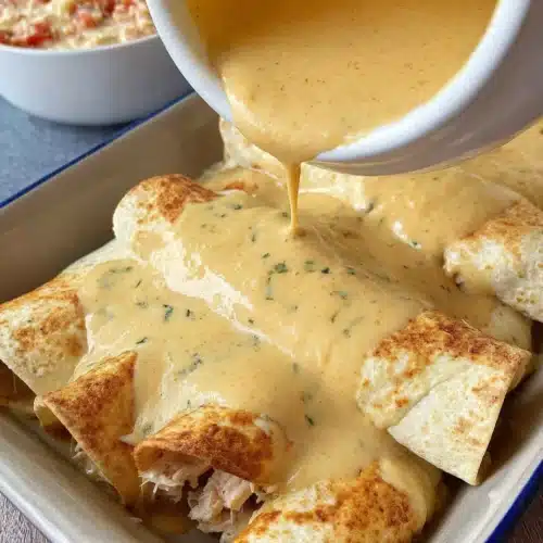 Creamy White Chicken enchiladas ready for baking.
