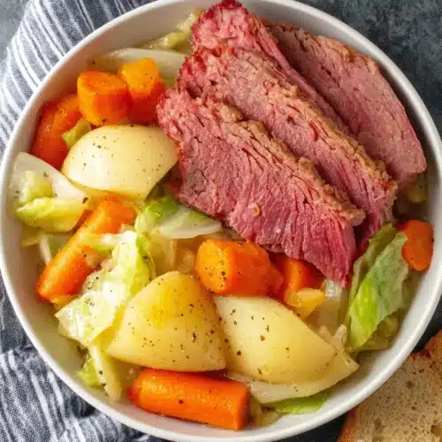Crock Pot Corned Beef and Cabbage served with carrots and cabbage.