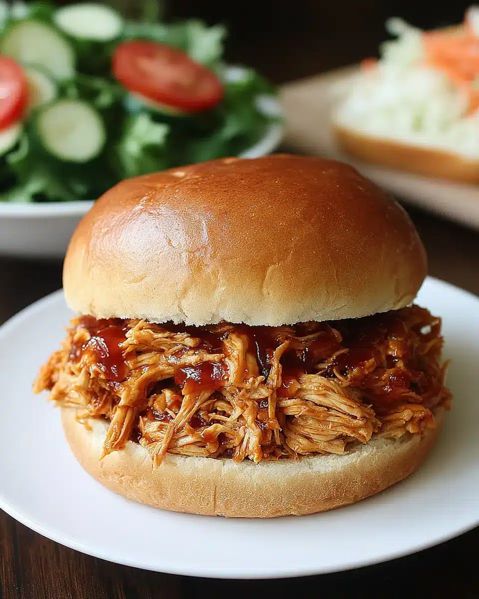 Delicious Crockpot BBQ Chicken served on a bun.