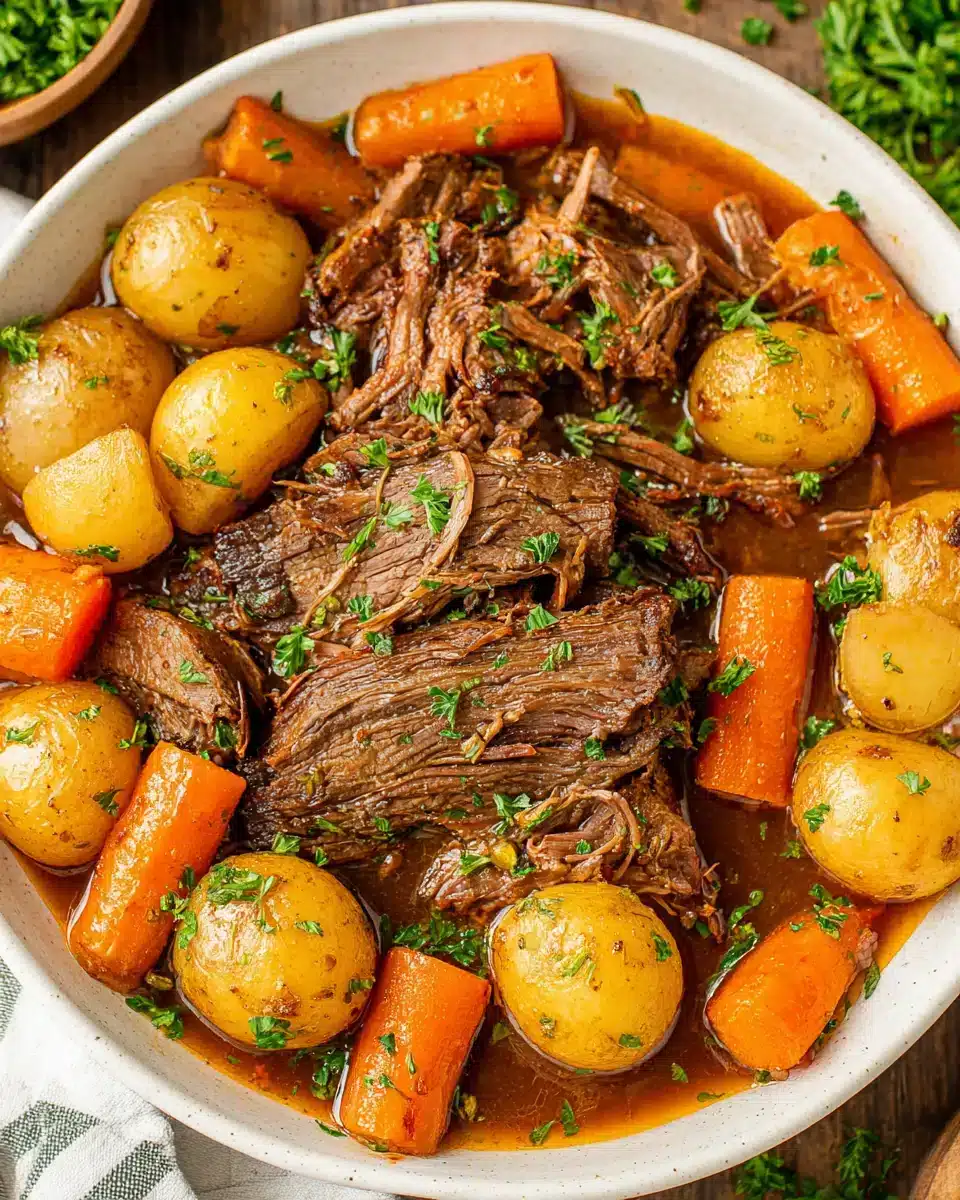 Crockpot Chuck Roast with carrots and potatoes, perfect comfort food.