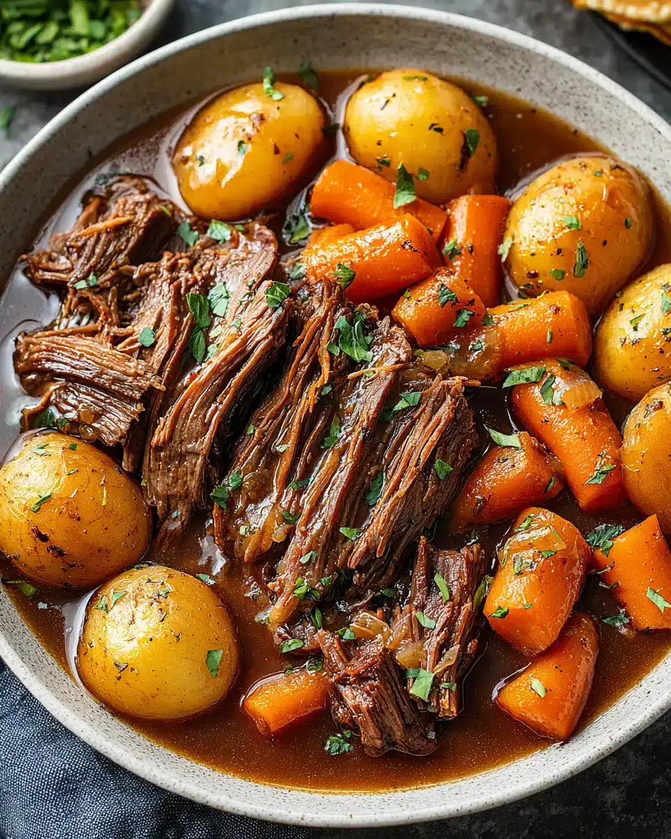 Delicious crockpot pot roast with tender beef and vegetables.