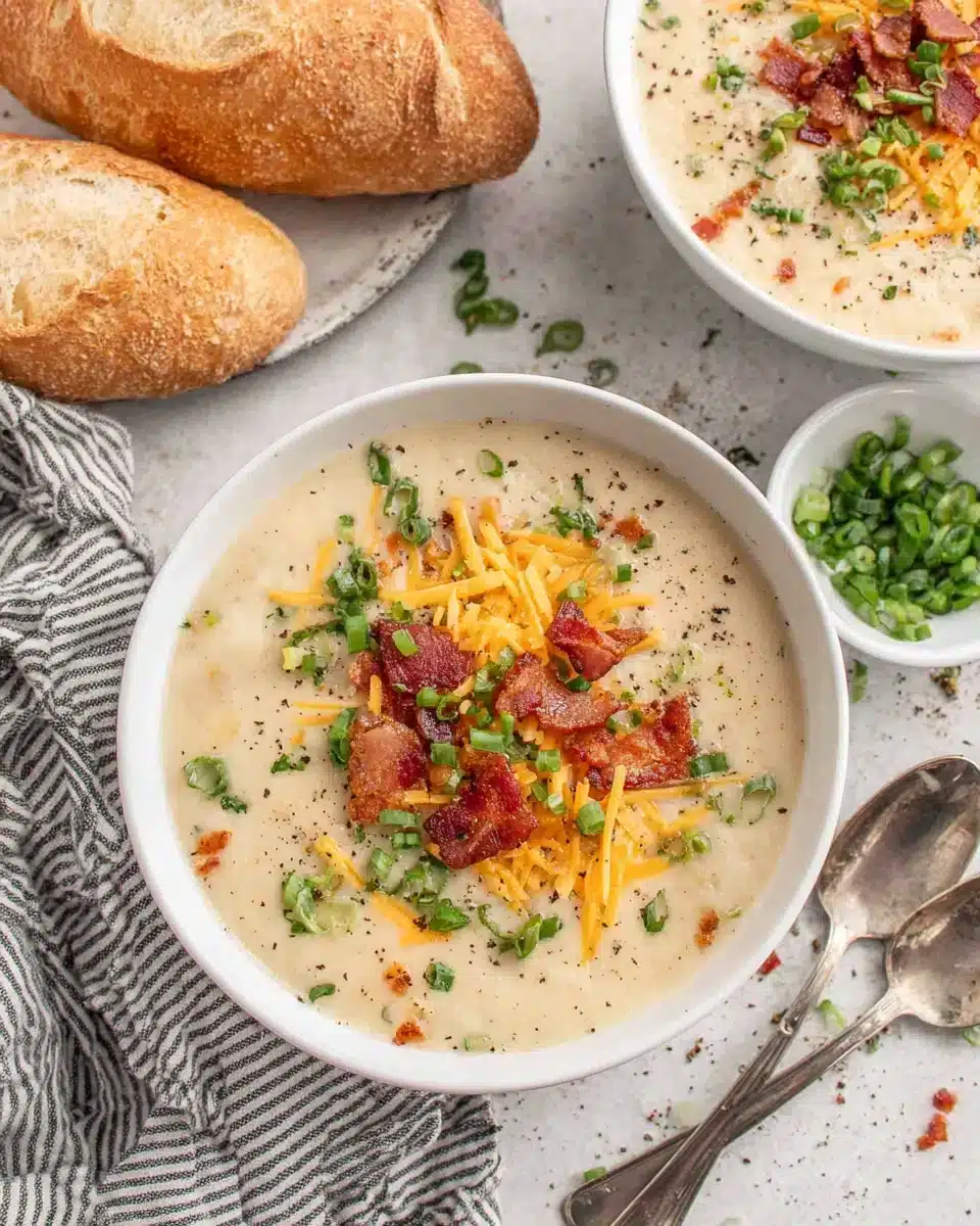 Delicious Crockpot Potato Soup garnished with cheese and bacon.