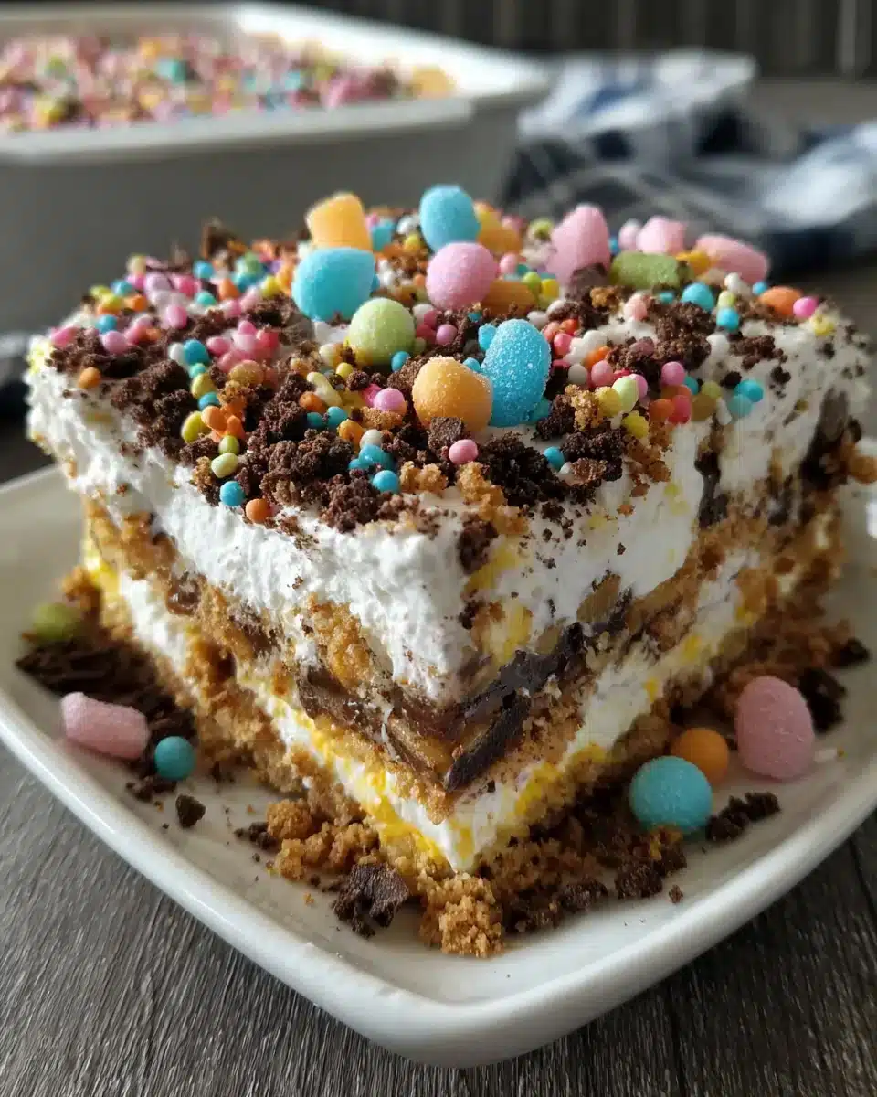 Easter dirt cake casserole with sprinkles and gummy worms.