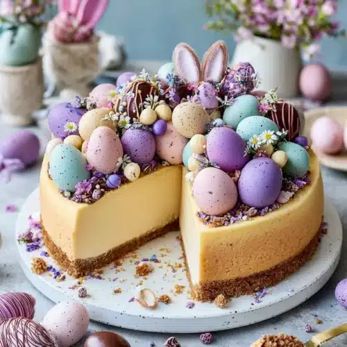 Delicious Easter egg cheesecake with vibrant chocolate eggs on top.